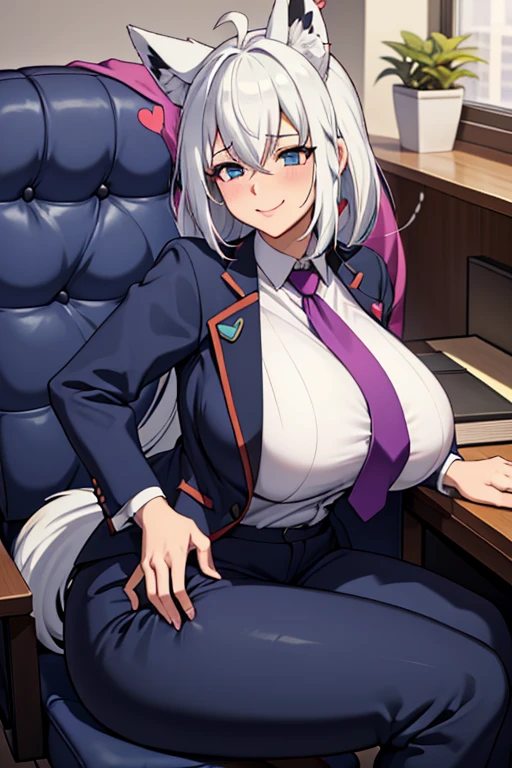 ((  best quality)), ((masterpiece)), ( super detailed),((business suit)),((Pants)), ( mansuji),mother, Mature Woman,50 years old,(tie), office,chair,sit, crosses legs,((Hearts in your eyes)),smile,side boob,Look to the side, side angle ,Kissing Face,