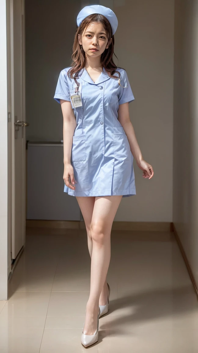 European girl, 13 years old, (long hair: 1.3), straight bangs, blonde, glasses, light blue eyes, nurse uniform, (white tights), small cleavage, focus on movement