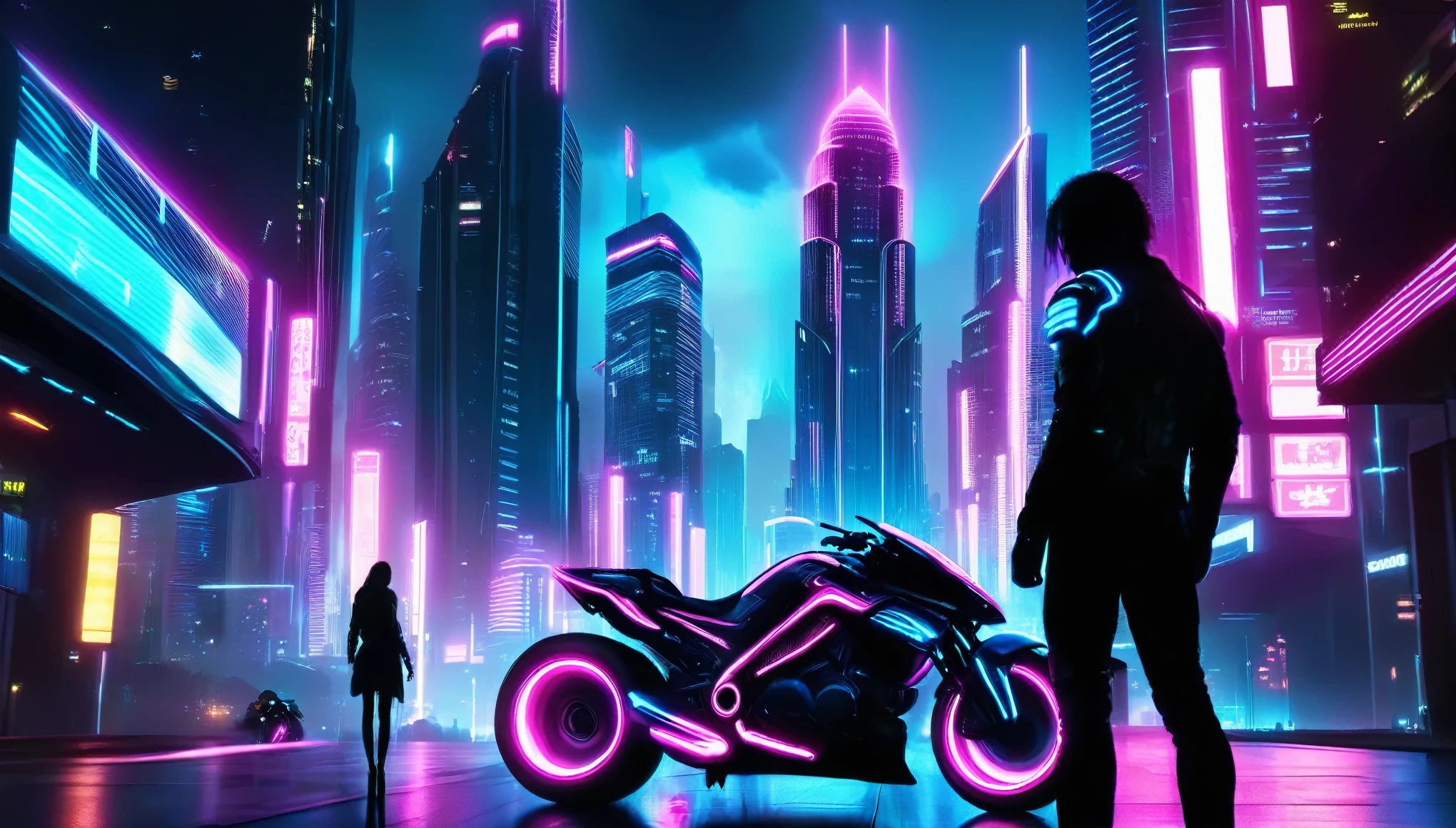 Create a neon-lit cyberpunk cityscape at night with towering skyscrapers and vibrant blue and pink hues. In the foreground, depict a silhouetted couple standing near a futuristic motorcycle, gazing at the city's skyline. The scene should be atmospheric, with glowing lights and reflections on the ground, capturing a sense of futuristic romance and mystery. The overall mood should be cool, futuristic, and visually striking, perfect for a music cover or promotional material.