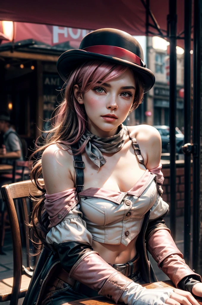 pink and brown hair, multicolored hair, neopolitanatlas, bowler hat, grey scarf, white gloves, white shirt, off-shoulder shirt, black sleeves, midriff, white belt, white pants, outdoors, sitting at table in Manhattan street , crowd, night, stars, cowboy shot, masterpiece, heart shaped face, elegant face, beautiful face, highly detailed cafe, face, highly detailed skin, skin pores, subsurface scattering, realistic pupils, looking at viewer, full lips, detailed background, depth of field, atmospheric perspective, volumetric lighting, sharp focus, absurdres, realistic proportions, good anatomy, (realistic, hyperrealistic:1.4), 16k hdr,