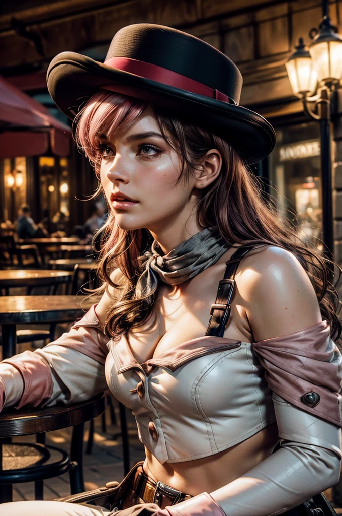 pink and brown hair, multicolored hair, neopolitanatlas, bowler hat, grey scarf, white gloves, white shirt, off-shoulder shirt, black sleeves, midriff, white belt, white pants, outdoors, sitting at table in Manhattan street , crowd, night, stars, cowboy shot, masterpiece, heart shaped face, elegant face, beautiful face, highly detailed cafe, face, highly detailed skin, skin pores, subsurface scattering, realistic pupils, looking at viewer, full lips, detailed background, depth of field, atmospheric perspective, volumetric lighting, sharp focus, absurdres, realistic proportions, good anatomy, (realistic, hyperrealistic:1.4), 16k hdr,