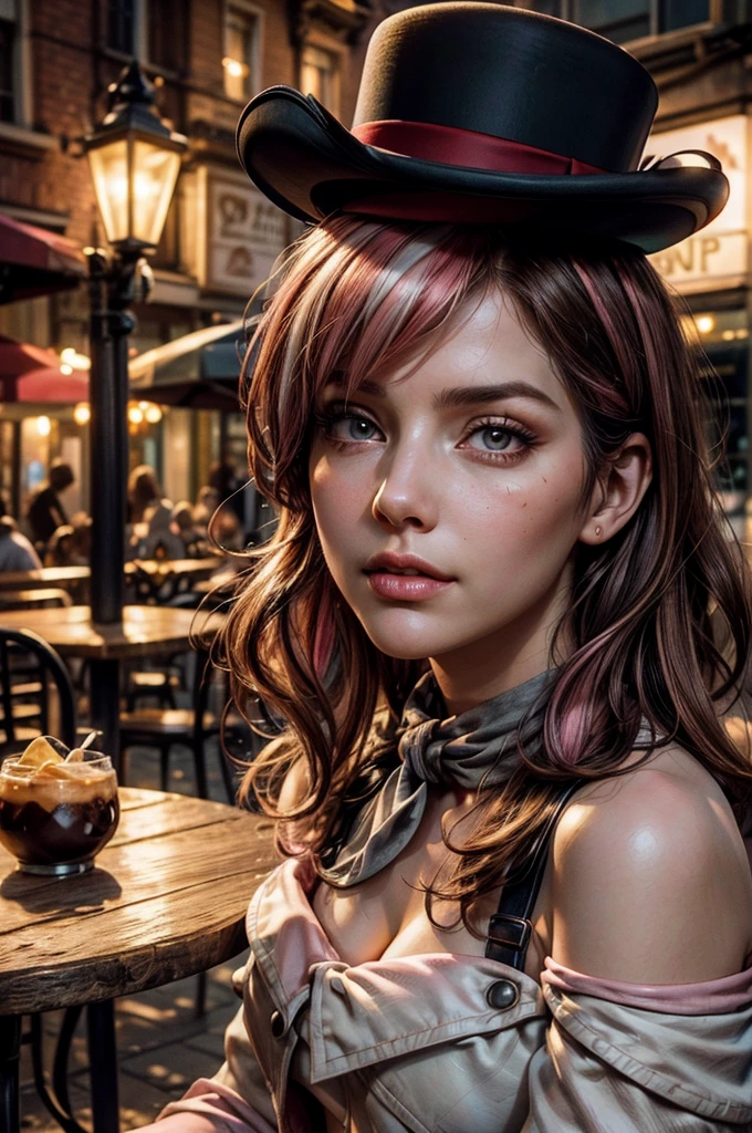 pink and brown hair, multicolored hair, neopolitanatlas, bowler hat, grey scarf, white gloves, white shirt, off-shoulder shirt, black sleeves, midriff, white belt, white pants, outdoors, sitting at table in Manhattan street , crowd, night, stars, cowboy shot, masterpiece, heart shaped face, elegant face, beautiful face, highly detailed cafe, face, highly detailed skin, skin pores, subsurface scattering, realistic pupils, looking at viewer, full lips, detailed background, depth of field, atmospheric perspective, volumetric lighting, sharp focus, absurdres, realistic proportions, good anatomy, (realistic, hyperrealistic:1.4), 16k hdr,