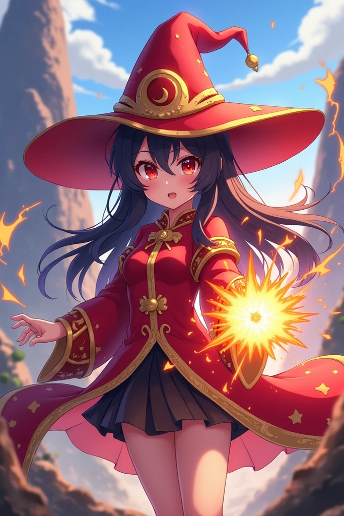 high details, high resolution, masterpiece, ray tracing, Ambient Occlusion, 1girl, Megumin, black hair, cape, hat,petite, Konosuba, plain, explosion, bakuhatsu, magic spell, magic staff, <lora:Megumin_V1.0:1>, full body, wide angle, petit, dusk , <lora:Bakuhachumaho-NAIdim32:0.6> , lightning, particles, landscape, pearlescent, casting spell, badass