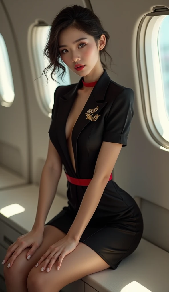nsfw ,(8k, best quality, masterpiece, ultra highres:1.2), 1 girl , beautiful 22 year old woman named Tsukiko,(wearing sexy hostess uniform:1.3),red uniform, inside airplane, airport, (sexy hostess uniform:1.3),(photorealistic:1.4),dynamic pose, small breasts ,official art, extremely detailed CG unity 8k wallpaper, ultra high res, professional photography, <lora:InstantPhotoX3:0.4> ,<lora:FilmVelvia3:0.4> , <lora:sexyHostessUniform_v10:0.6>