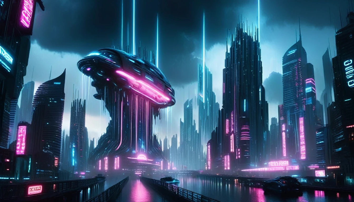 Create a dystopian cyberpunk cityscape with a dark and moody atmosphere. In the foreground, depict a massive, hovering futuristic machine with glowing lights and intricate details. The city in the background should feature tall, ominous skyscrapers with neon lights in shades of pink and blue. The sky should be filled with dark clouds and a pinkish glow, enhancing the eerie and futuristic feel. The word 'INERTIA' should be prominently displayed in the center of the image, with a sleek, modern font. The overall mood should be intense, futuristic, and visually striking, perfect for an album cover or promotional material.