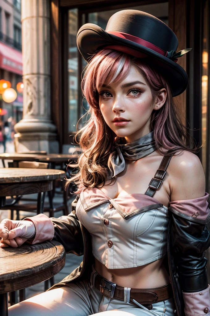 pink and brown hair, multicolored hair, neopolitanatlas, bowler hat, grey scarf, white gloves, white shirt, off-shoulder shirt, black sleeves, midriff, white belt, white pants, outdoors, sitting at table in Manhattan street , crowd, night, stars, cowboy shot, masterpiece, heart shaped face, elegant face, beautiful face, highly detailed cafe, face, highly detailed skin, skin pores, subsurface scattering, realistic pupils, looking at viewer, full lips, detailed background, depth of field, atmospheric perspective, volumetric lighting, sharp focus, absurdres, realistic proportions, good anatomy, (realistic, hyperrealistic:1.4), 16k hdr,