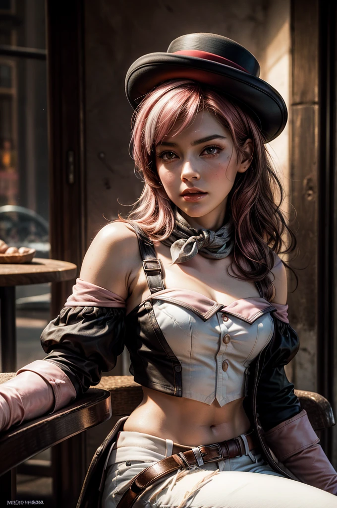 pink and brown hair, multicolored hair, neopolitanatlas, bowler hat, grey scarf, white gloves, white shirt, off-shoulder shirt, black sleeves, midriff, white belt, white pants, outdoors, sitting at table in Manhattan street , crowd, night, stars, cowboy shot, masterpiece, heart shaped face, elegant face, beautiful face, highly detailed cafe, face, highly detailed skin, skin pores, subsurface scattering, realistic pupils, looking at viewer, full lips, detailed background, depth of field, atmospheric perspective, volumetric lighting, sharp focus, absurdres, realistic proportions, good anatomy, (realistic, hyperrealistic:1.4), 16k hdr,