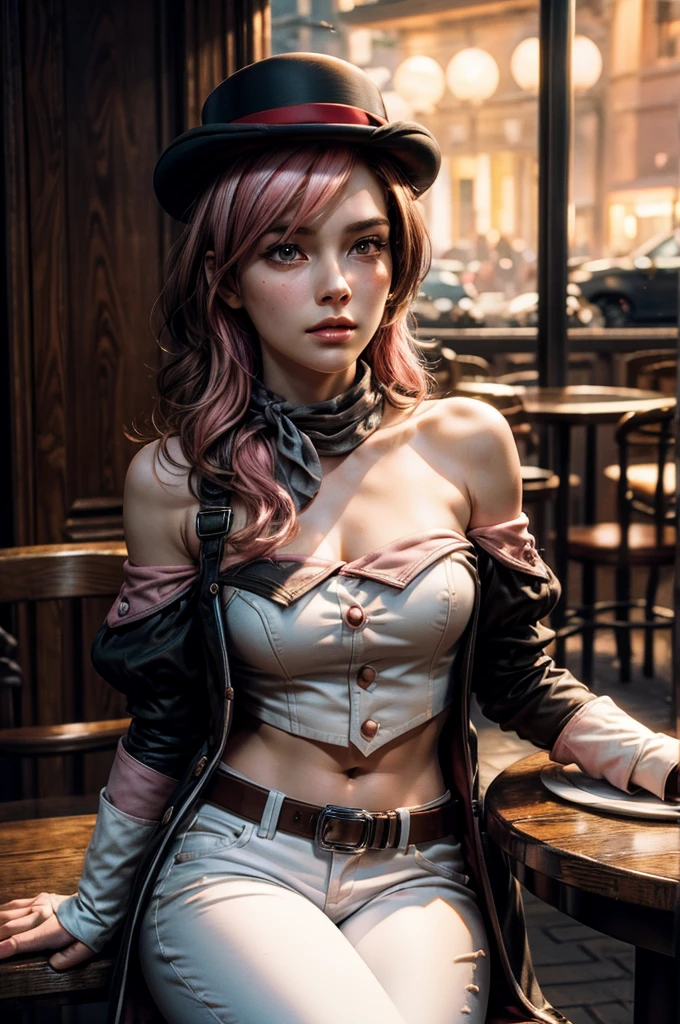 pink and brown hair, multicolored hair, neopolitanatlas, bowler hat, grey scarf, white gloves, white shirt, off-shoulder shirt, black sleeves, midriff, white belt, white pants, outdoors, sitting at table in Manhattan street , crowd, night, stars, cowboy shot, masterpiece, heart shaped face, elegant face, beautiful face, highly detailed cafe, face, highly detailed skin, skin pores, subsurface scattering, realistic pupils, looking at viewer, full lips, detailed background, depth of field, atmospheric perspective, volumetric lighting, sharp focus, absurdres, realistic proportions, good anatomy, (realistic, hyperrealistic:1.4), 16k hdr,