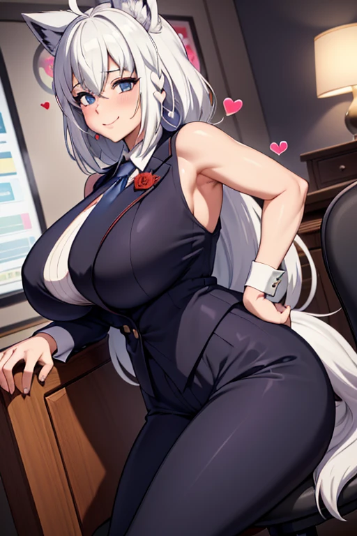 ((  best quality)), ((masterpiece)), ( super detailed),((business suit)),((Pants)), ( mansuji),mother, Mature Woman,50 years old,(tie), office,chair,sit, crosses legs,(((Hearts in your eyes))),smile,side boob,Look to the side, side angle ,Kissing Face,Armpit,