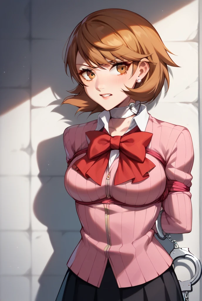 yukaridef, gekkoukan high school uniform, pink cardigan, red bow, long sleeves, black skirt, earrings, white choker, body,extremely detailed,high definition restrained,arrest,restrained,shackles,(((handcuffs, cuffs, upper body, handcuff, bound wrists))),masterpiece, best quality,yukari handcuffs behind her back,2 .escort in handcuffed.handcuffed behind back. Yukari,handcuffed,yukari handcuffed .arrested..handcuffs behind her back.yukari cuffed behind her back. Yukari handcuffed behind back. cuffed yukari behind her back. Yukari handcuffed behind her back