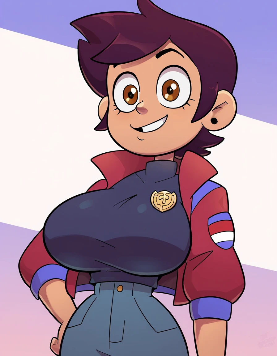 1 girl, Luz Noceda ,  thin waist , pele morena,  short stubby hair ,  brown eyes ,  image from the waist up , Wear a black top ,  and a small coat over the top red coat with a badge with your name: light , , Very large breasts , Show off big boobs ,  Very big boobs, 200 cm of giant bust , very large bust, 200 cm bust , very large bust,  gigantic bust , huge, Colossal bust  
