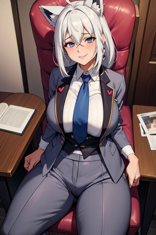 ((  best quality)), ((masterpiece)), ( super detailed),((business suit)),((Pants)), ( mansuji),mother, Mature Woman,50 years old,(tie), office,chair,sit, open legs,(((Hearts in your eyes))),smile,Kissing Face,Armpit,