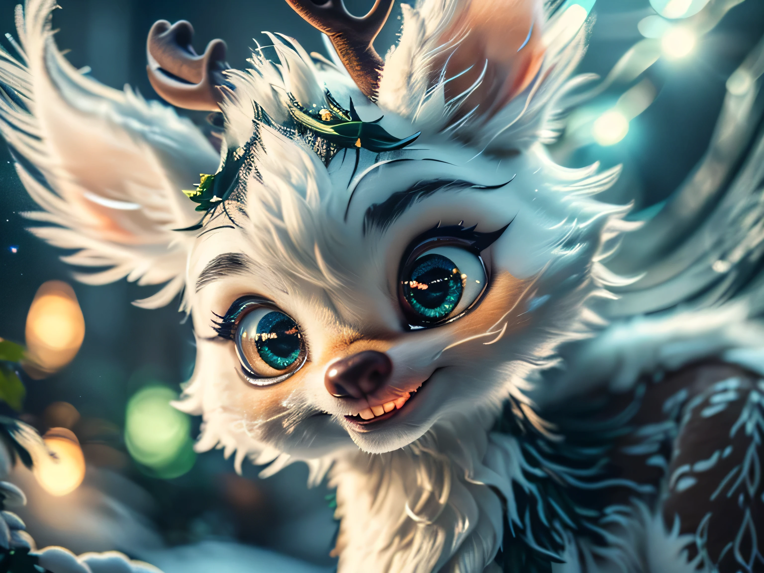 Magical Fantasy Creature, (Best Quality, Masterpiece, Representative Work, Official Art, Professional, Super Detailed, 8k:1.3), (Photorealism:1.2) Super Cute, Big Eyes, Soft, Soft Nose, Fluffy, Double-Toothed Smile, Aurorastyle, Highly detailed Dynamic shot of majestic adorable baby reindeer, high quality, beautiful masterpiece, fantasy creature, kawaii, digital art, glowing sparkles, Realistic, Beautiful, Stars in Eyes, Soft Volumetric Light, (Backlight:1.3), (Cinematic:1.2), Intricate Details, (ArtStation:1.3), --auto --s2