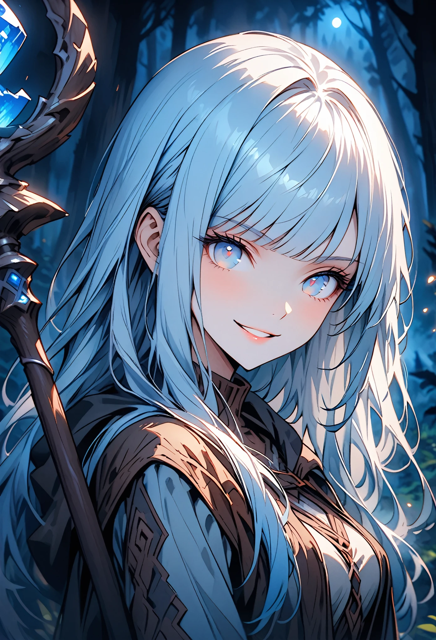 solo, close up, woman, long hair, straight bangs, straight hair, light blue hair, light blue eyes, medium breasts, fantasy, forest, gentle smile, wide smile, adventurer clothes, staff, mage, night