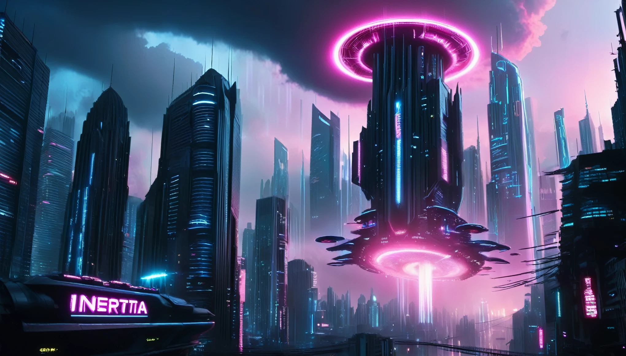 Create a dystopian cyberpunk cityscape with a dark and moody atmosphere. In the foreground, depict a massive, hovering futuristic machine with glowing lights and intricate details. The city in the background should feature tall, ominous skyscrapers with neon lights in shades of pink and blue. The sky should be filled with dark clouds and a pinkish glow, enhancing the eerie and futuristic feel. The word 'INERTIA' should be prominently displayed in the center of the image, with a sleek, modern font. The overall mood should be intense, futuristic, and visually striking, perfect for an album cover or promotional material.