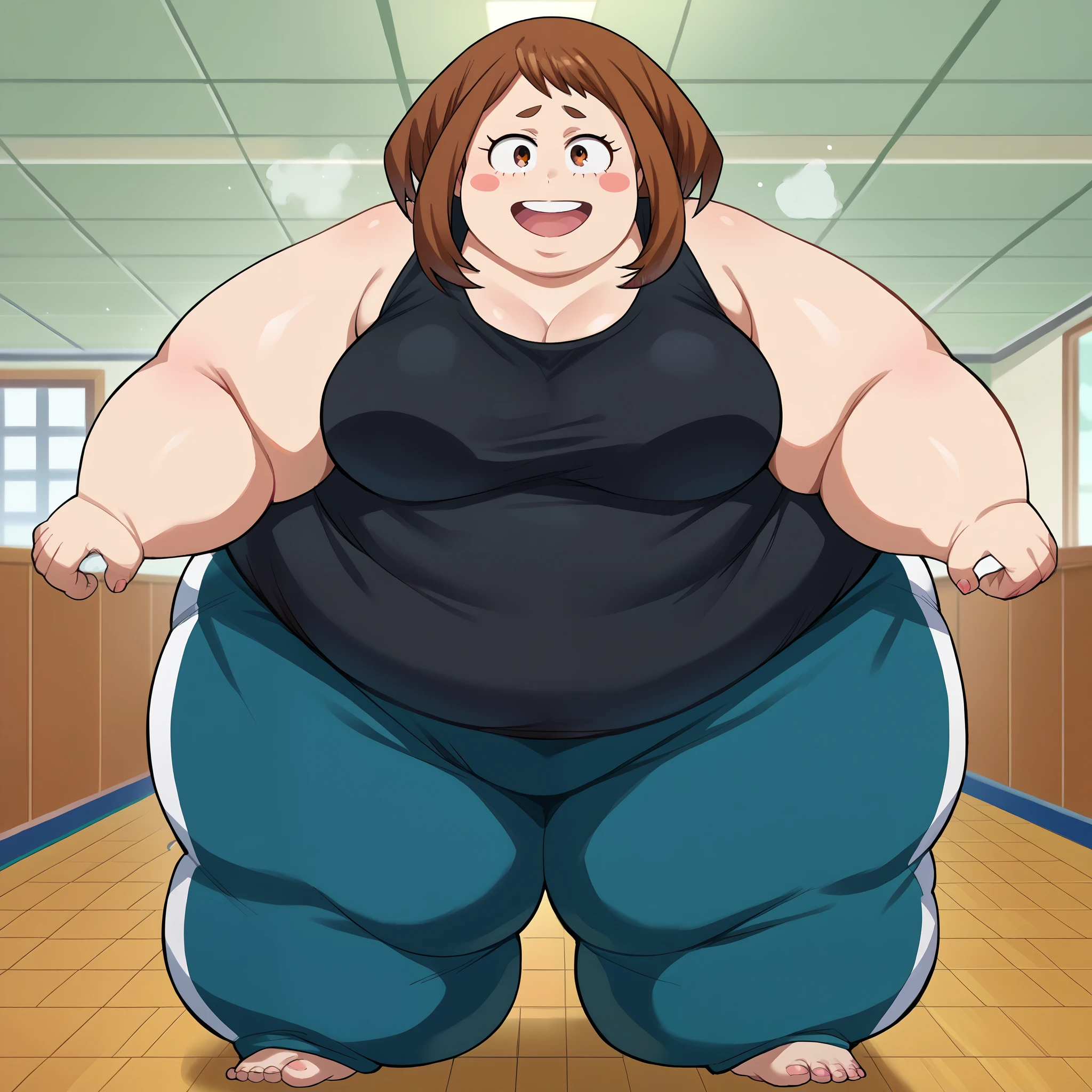 score_9, score_8_up, score_7_up, source_anime,
ochakouraraka, ochako uraraka, brown eyes, brown hair, short hair, blush, blush stickers, smile,
bare shoulders, pants, black shirt, tank top, blue pants, black tank top, track pants,
indoors,
looking at viewer,  fat, chubby, obese, gigantic arms and legs, large breasts open mouth, out of breath, full body shot 