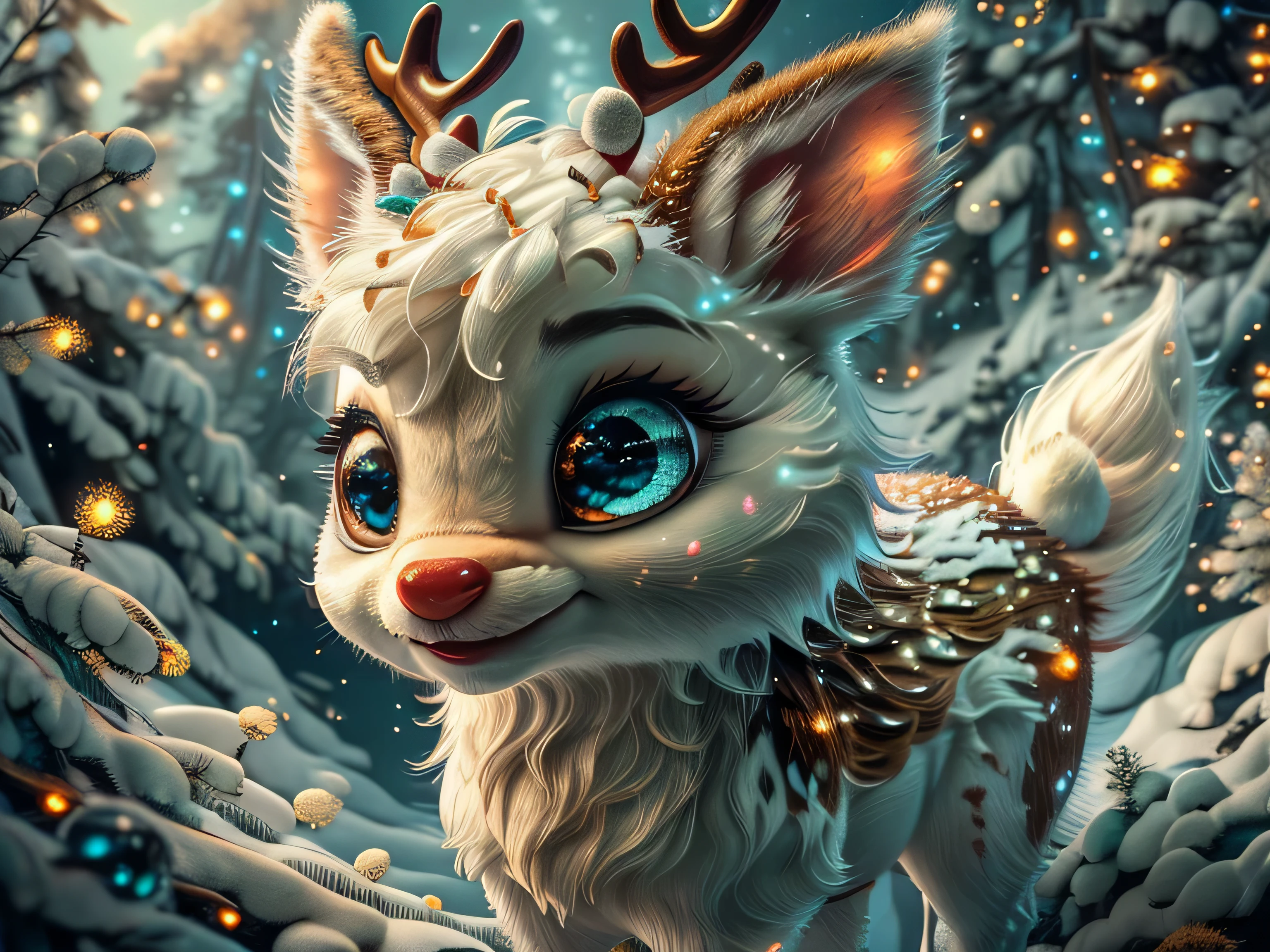 Magical Fantasy Creature, (Best Quality, Masterpiece, Representative Work, Official Art, Professional, Super Detailed, 8k:1.3), (Photorealism:1.2) Super Cute, Big Eyes, Soft, Soft Nose, Fluffy, Double-Toothed Smile, Aurorastyle, Highly detailed Dynamic shot of majestic adorable baby reindeer, high quality, beautiful masterpiece, fantasy creature, kawaii, digital art, glowing sparkles, Realistic, Beautiful, Stars in Eyes, Soft Volumetric Light, (Backlight:1.3), (Cinematic:1.2), Intricate Details, (ArtStation:1.3), --auto --s2