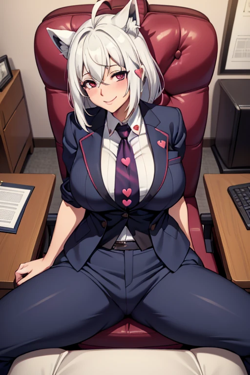 ((  best quality)), ((masterpiece)), ( super detailed),((business suit)),((Pants)), ((( mansuji))),mother, Mature Woman,50 years old,(tie), office,chair,sit, open legs,(((Hearts in your eyes))),smile,Kissing Face,Armpit, Angle from below ,