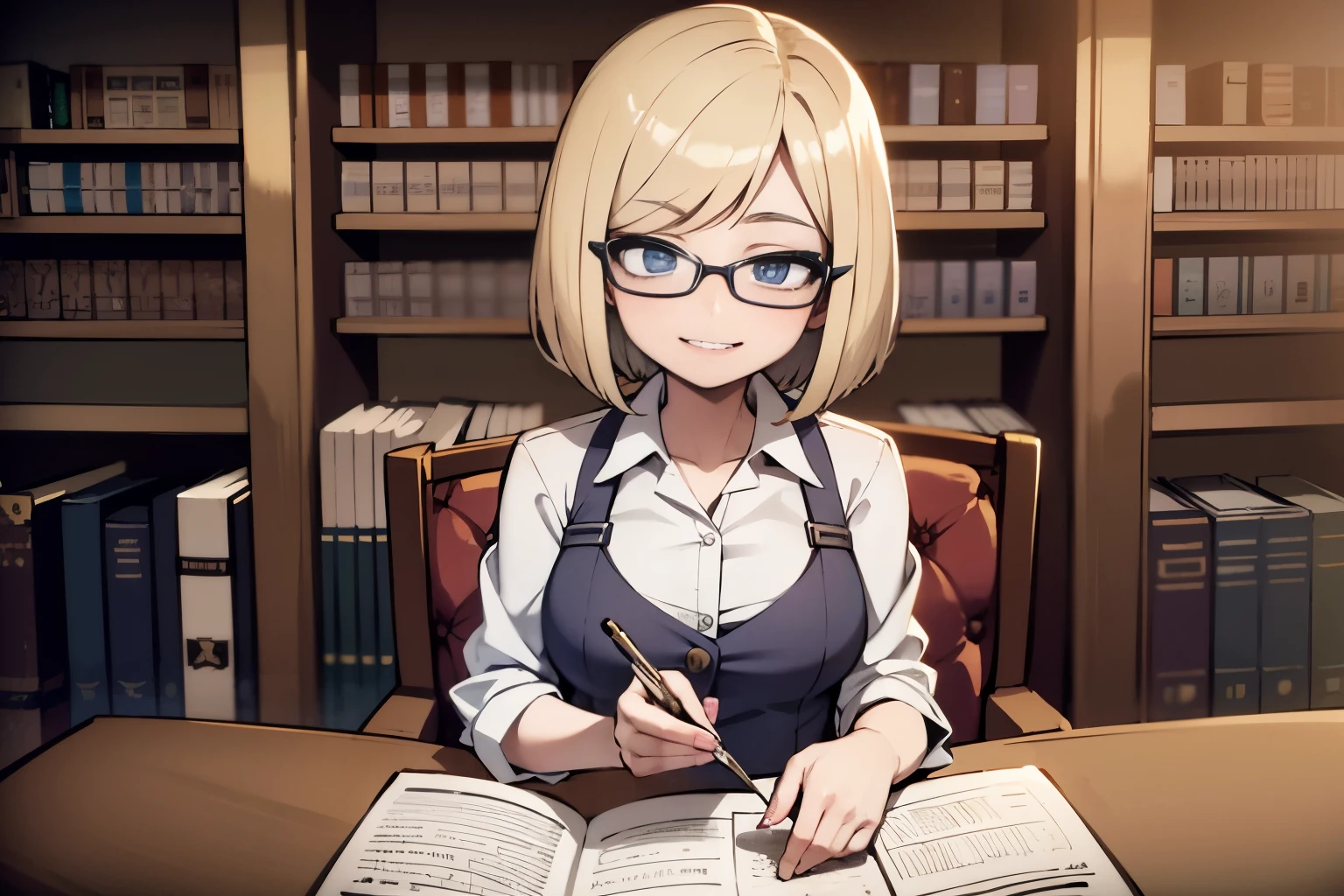 One Young girl, bob haircut, blond hair, blue eyes, with glasses, in a library, librarian outfits, white button-down shirt, sensual smile, ahegao, looking at viewer, sensual face, sitting on a chair, 4k