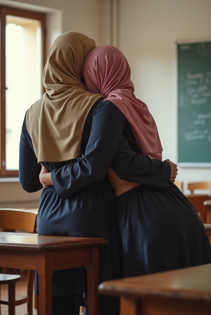 Black headscarf in class, barefoot in white uniform, Sexy skinny female teacher kissing her male students.