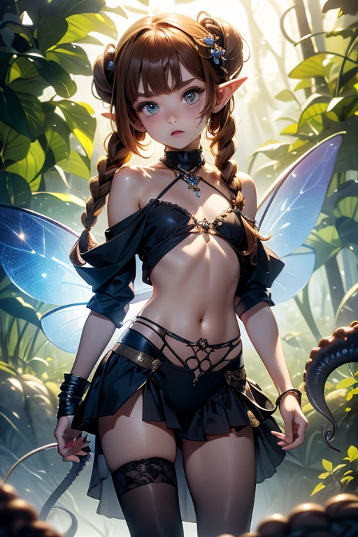  Make a picture where a fairy is getting tied up by a female thief in the woods,  bound,gr3ysh33r