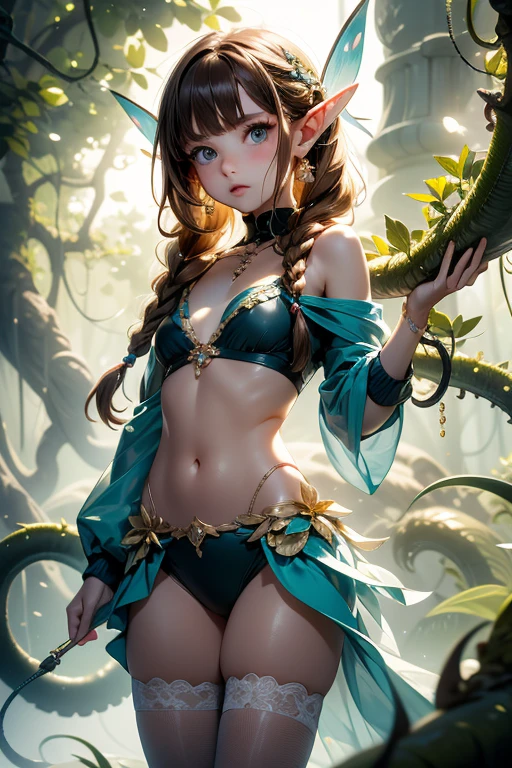 young plant girl with a lightly tanned skin tone, a serious glare, flowered ponytails, leaf green hair, deep green starry Eyes, b-cup, lithe, fit, tribal attire full-body, green Footless tights with leafy design, star like birthmark