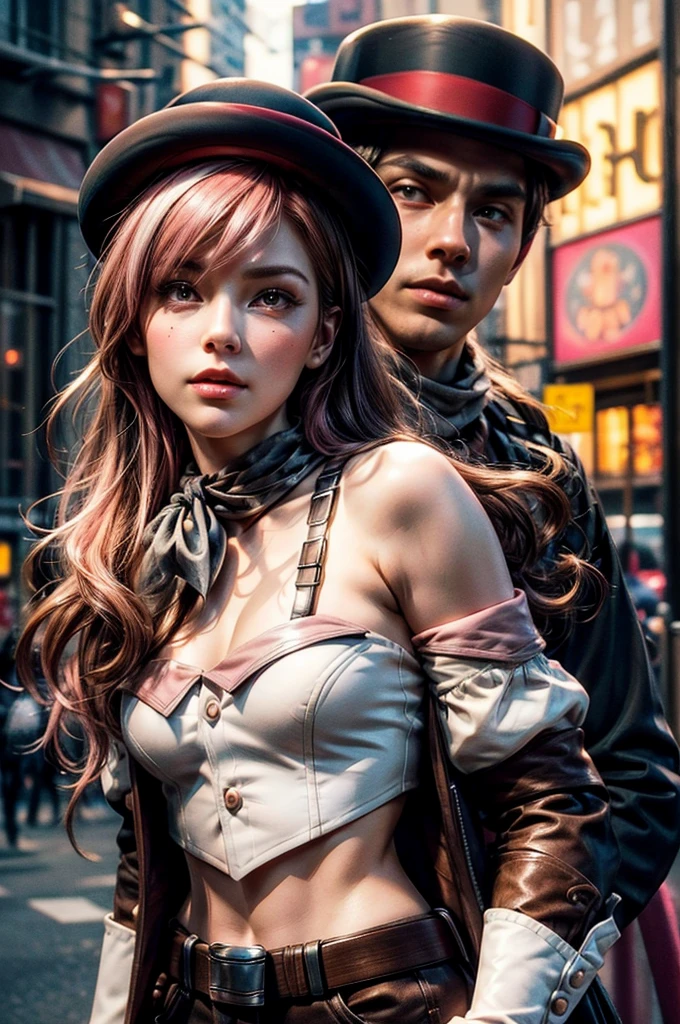 pink and brown hair, multicolored hair, neopolitanatlas, bowler hat, grey scarf, white gloves, white shirt, off-shoulder shirt, black sleeves, midriff, white belt, white pants, outdoors, standing next to police officer in Manhattan street , crowd, night, stars, cowboy shot, masterpiece, heart shaped face, elegant face, beautiful face, highly detailed cafe, face, highly detailed skin, skin pores, subsurface scattering, realistic pupils, looking at viewer, full lips, detailed background, depth of field, atmospheric perspective, volumetric lighting, sharp focus, absurdres, realistic proportions, good anatomy, (realistic, hyperrealistic:1.4), 16k hdr,