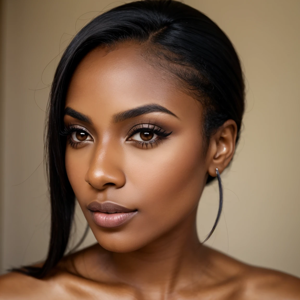 Masterpiece, an award winning portrait of a Creole 30 years old female beautiful business executive, ultra detailed face, ultra high detailed eyes, ultra realistic skin, (textured skin, skin pores, half body shot:1.1), brown skin, long black hair, hair over one eye, brown eyes, dark eyes, thin eyebrows, perfect teeth, red lipstick, seductive makeup, Armani satin business shirt, 32K, ultra high res.photorealistic, UHD, Leica SL2 + Leica Vario-Elmarit-SL 24-70 f/2.8 ASPH, RAW, sharp ,natural lighting, a corporate photograph