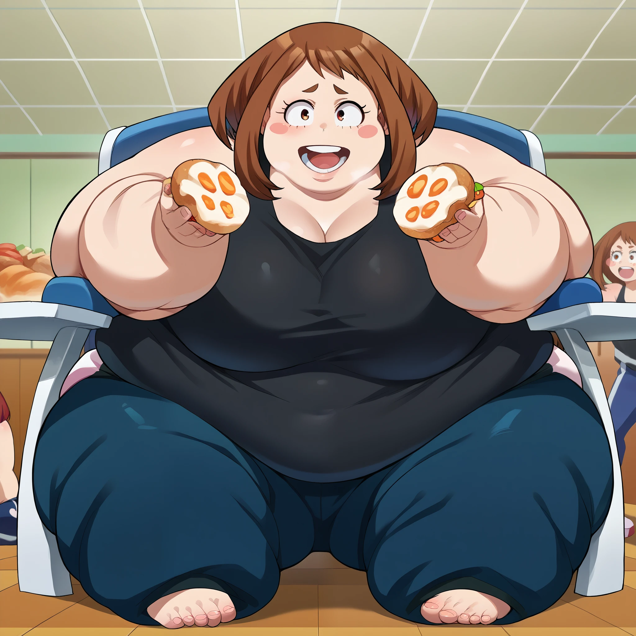 score_9, score_8_up, score_7_up, source_anime,
ochakouraraka, ochako uraraka, brown eyes, brown hair, short hair, blush, blush stickers, smile,
bare shoulders, pants, black shirt, tank top, blue pants, black tank top, track pants,
indoors,
looking at viewer,  fat, chubby, obese, gigantic arms and legs, large breasts open mouth, out of breath, full body shot, sitting on chair, eating, junk food 