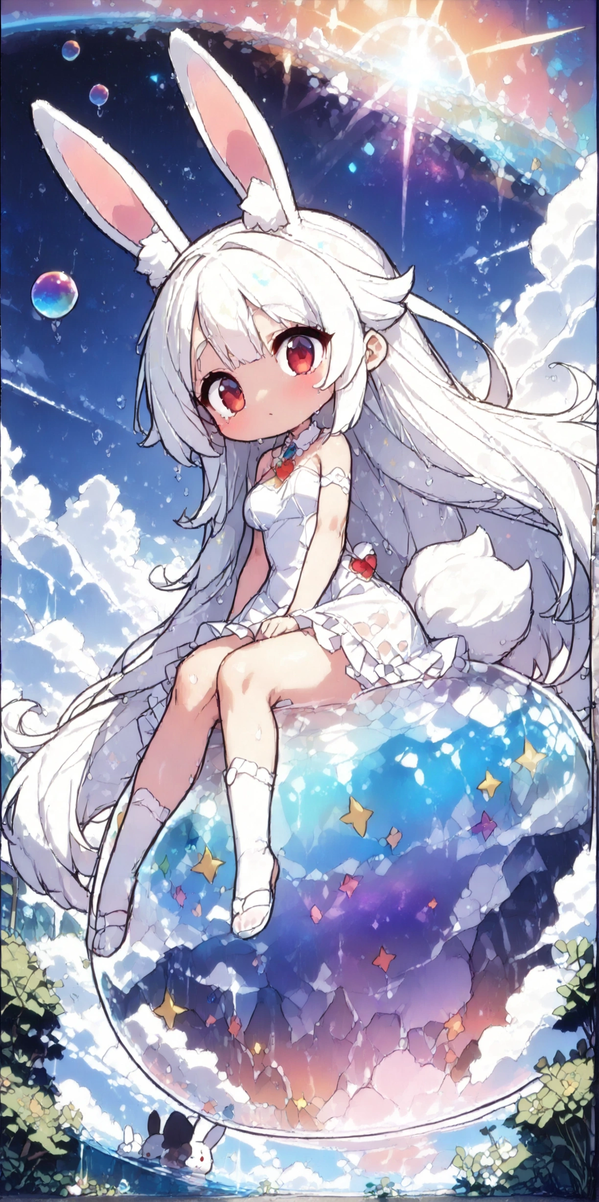 solo,1girl\((chibi:1.3),cute,kawaii,(white hair:1.7),(very long hair:1.7),bangs,(ear\(fluffy white bunny-ear\):1.4),(red eye),big eye,beautiful shiny eye,skin color white,big hairbow,(white frilled dress:1.3),breast,white rabbit tail at hip, (sit on (bubble:1.3)\(huge,gigantic,beautiful,shining in vivid cosmic color,(transparent:1.3),(float in sky:1.5)\):1.5) \). BREAK .background\(night sky,stars, calescent-moon\). BREAK .quality\(8k,wallpaper of extremely detailed CG unit, high resolution, top-quality, top-quality real texture skin, hyper realistic, increase the resolution, RAW photos, best quality, highly detailed, the wallpaper, golden ratio, high saturation realism, vibrant colors, dramatic lighting, persuasive storytelling, atmospheric scenery, captivating visuals, intricate details, strong emotions, dreamlike world\),(from below),(longshot:1.3),(dynamic angle:1.3),(landscape:1.3)