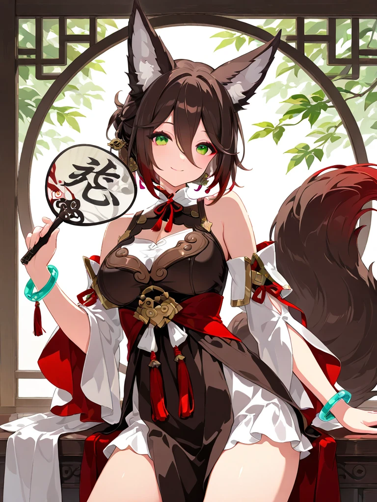 ultra-detailed,(best quality),((masterpiece)),(highres),original,extremely,tingyun, 1girl, animal ears, green eyes, hand fan, tail, solo, breasts, fox ears, brown hair, multicolored hair, looking at viewer, detached sleeves, holding, smile, jewelry, holding fan, hair between eyes, animal ear fluff, bare shoulders, short hair, fox tail, bracelet, dress