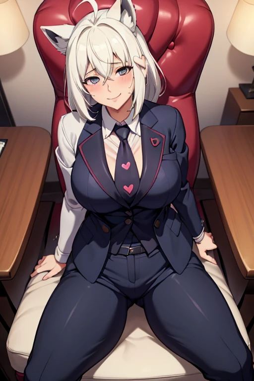 ((  best quality)), ((masterpiece)), ( super detailed),((business suit)),((Pants)), ((( mansuji))),mother, Mature Woman,50 years old,(tie), office,chair,sit, open legs,(((Hearts in your eyes))),smile,Kissing Face,Armpit, Angle from below ,(sweat), see-through ,