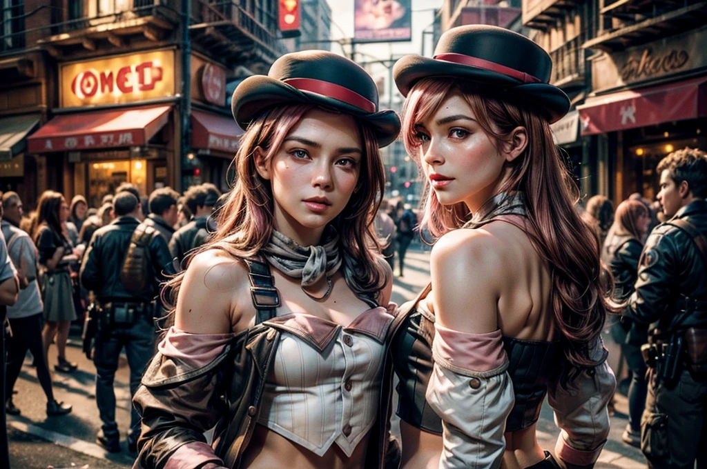 pink and brown hair, multicolored hair, neopolitanatlas, bowler hat, grey scarf, white gloves, white shirt, off-shoulder shirt, black sleeves, midriff, white belt, white pants, outdoors, standing next to police officer in Manhattan street , crowd, night, stars, cowboy shot, masterpiece, heart shaped face, elegant face, beautiful face, highly detailed cafe, face, highly detailed skin, skin pores, subsurface scattering, realistic pupils, looking at viewer, full lips, detailed background, depth of field, atmospheric perspective, volumetric lighting, sharp focus, absurdres, realistic proportions, good anatomy, (realistic, hyperrealistic:1.4), 16k hdr,