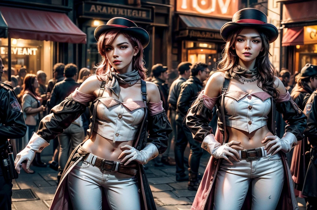 pink and brown hair, multicolored hair, neopolitanatlas, bowler hat, grey scarf, white gloves, white shirt, off-shoulder shirt, black sleeves, midriff, white belt, white pants, outdoors, standing next to police officer in Manhattan street , crowd, night, stars, cowboy shot, masterpiece, heart shaped face, elegant face, beautiful face, highly detailed cafe, face, highly detailed skin, skin pores, subsurface scattering, realistic pupils, looking at viewer, full lips, detailed background, depth of field, atmospheric perspective, volumetric lighting, sharp focus, absurdres, realistic proportions, good anatomy, (realistic, hyperrealistic:1.4), 16k hdr,