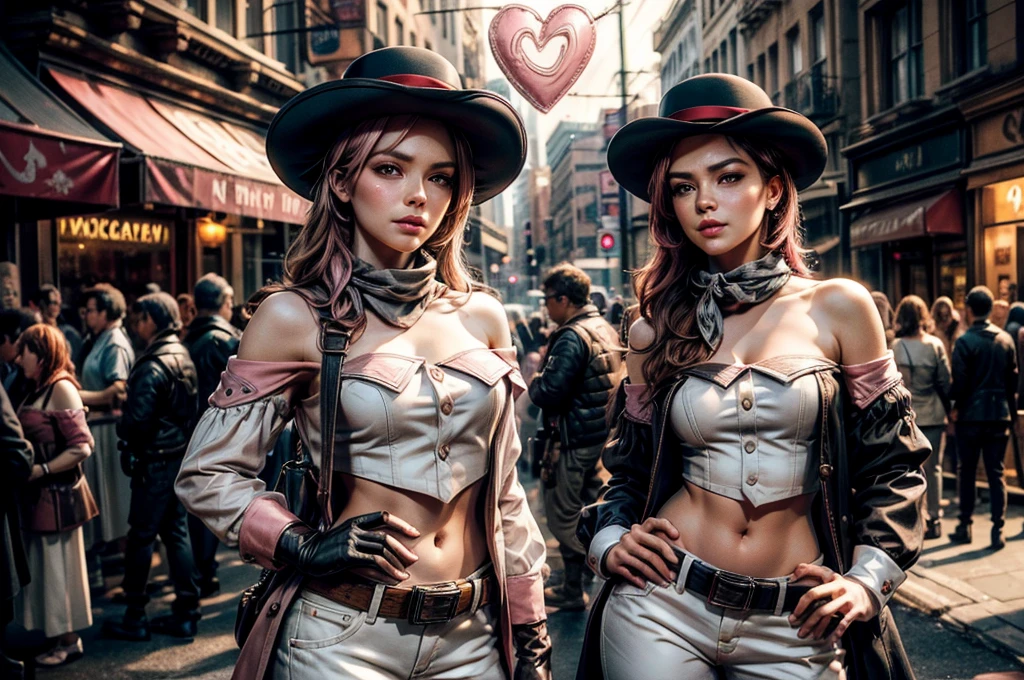 pink and brown hair, multicolored hair, neopolitanatlas, bowler hat, grey scarf, white gloves, white shirt, off-shoulder shirt, black sleeves, midriff, white belt, white pants, outdoors, standing next to police officer in Manhattan street , crowd, night, stars, cowboy shot, masterpiece, heart shaped face, elegant face, beautiful face, highly detailed cafe, face, highly detailed skin, skin pores, subsurface scattering, realistic pupils, looking at viewer, full lips, detailed background, depth of field, atmospheric perspective, volumetric lighting, sharp focus, absurdres, realistic proportions, good anatomy, (realistic, hyperrealistic:1.4), 16k hdr,