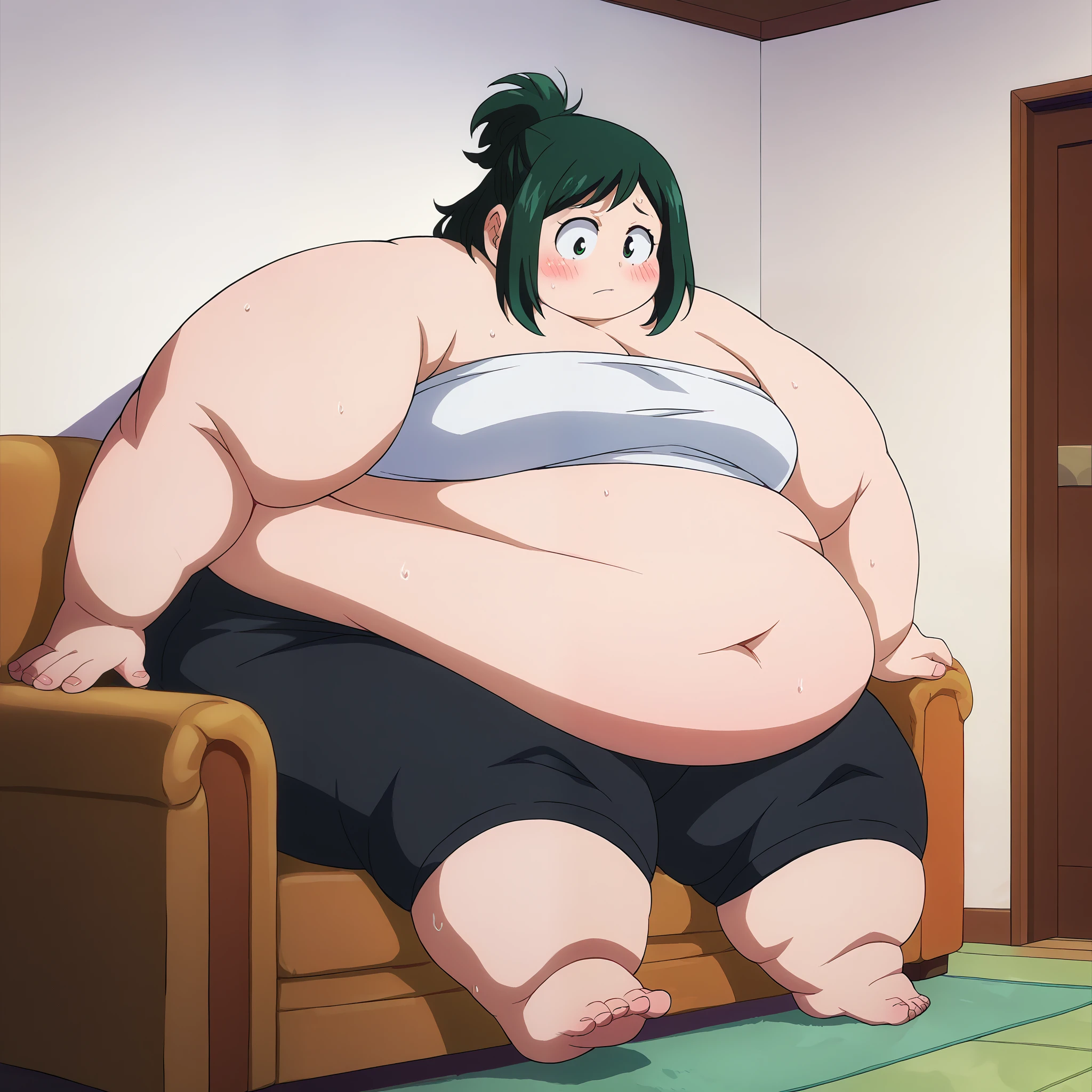 score_9, score_8_up, score_7_up, source_anime BREAK 1girl, Midoria Inko, green hair, green eye, short hair, female , blush, ganryu, tube top, black bike shorts, house, living room, blush,  sweating, growing fatter, fat, chubby, obese, full body shot, gigantic arms and legs, sitting, couch, watching tv, huge belly 