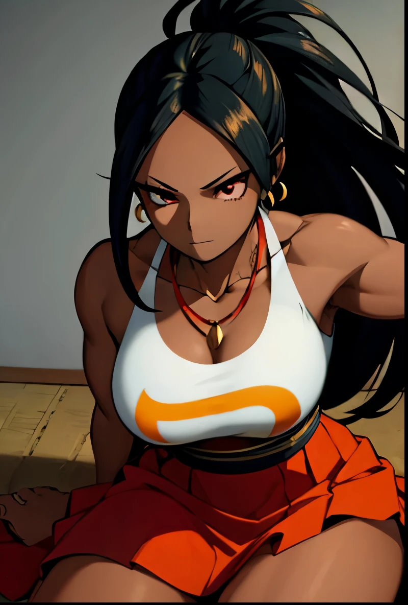  character , dark-skinned woman, with red eyes,  Quite long black hair with a ponytail ,  strong body and large thighs and chest , wearing a long Japanese dress down to the shoulders and bust, with a long skirt ,  color red with black and orange details ,  with a necklace and earrings 