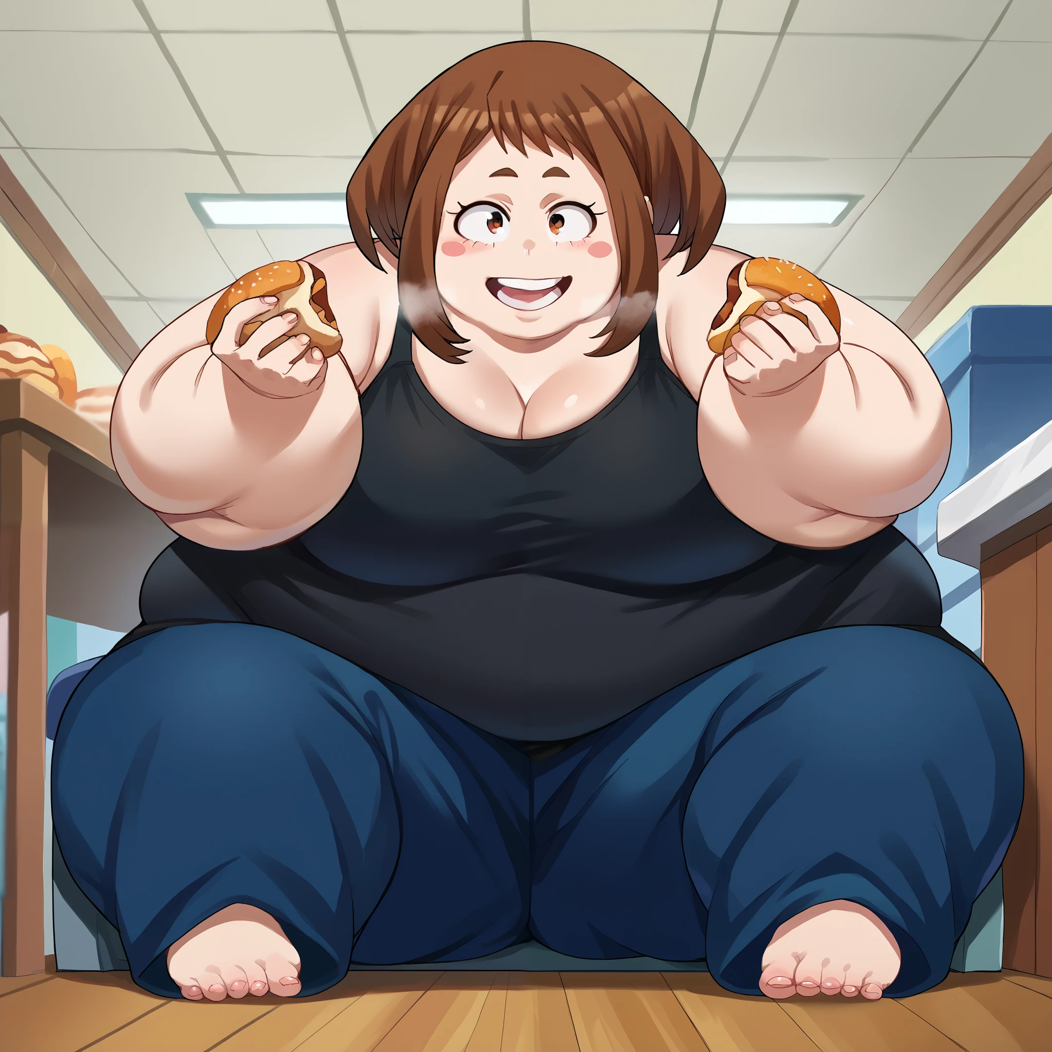 score_9, score_8_up, score_7_up, source_anime,
ochakouraraka, ochako uraraka, brown eyes, brown hair, short hair, blush, blush stickers, smile,
bare shoulders, pants, black shirt, tank top, blue pants, black tank top, track pants,
indoors,
looking at viewer,  fat, chubby, obese, gigantic arms and legs, large breasts open mouth, out of breath, full body shot, sitting on chair, eating, junk food 