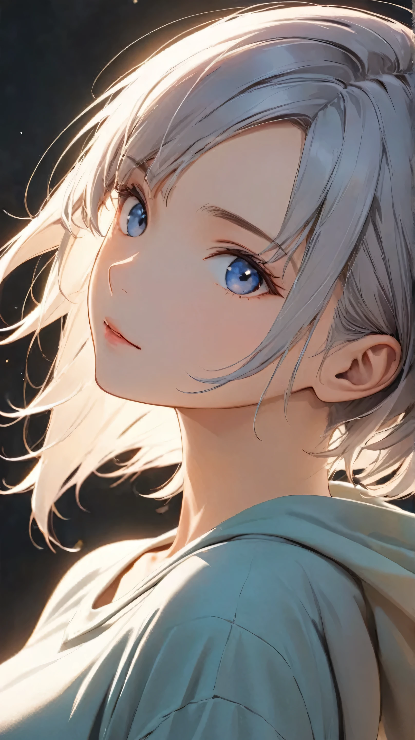 1gir, animation style, crisp details, tall, mature slim body, sharp focus, Perfect Anatomy, soft natural lighting, vibrant colors, (8k, best quality, masterpiece:1.5), short, slightly tousled light gray hair with a faint bluish tint, sleek and casual hairstyle with soft layers, boyish and androgynous charm, calm and introspective young woman, short textured bangs, layered and tousled long nape, asymmetrical bangs, soft side-swept fringe, modern and minimalistic style, oversized hoodie or casual t-shirt, ethereal and mysterious atmosphere, (pixie cut with extended nape:1.5), (flowing back hair:1.4), (forehead partially covered:1.3), (light fringe on forehead:1.2), (cute face:1.3), (beautiful detailed face:1.2), (long nape:1.7), (full front view:2.0), (face shot:2.0), (slightly lower framing:1.2), (showing torso and face:1.3), looking at viewer, medium breasts, Natural posing, simple background,