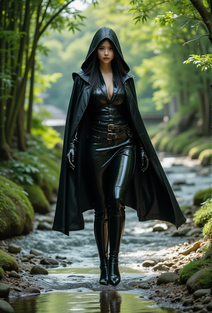 1 girl, schwarze Haare, Haselnuss braune Augen, schwarzer dunkler Wald, schwacher Lichtschimmer, Vampir, und Leder, hole body, stehend. Im Wald. Slanderman, Goth mythischer Wald. grim, gruselig, geheimnisvoll, edgy, emo