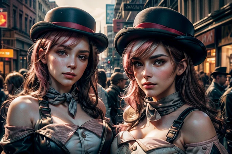 pink and brown hair, multicolored hair, neopolitanatlas, bowler hat, grey scarf, white gloves, white shirt, off-shoulder shirt, black sleeves, midriff, white belt, white pants, outdoors, standing next to police officer in Manhattan street , crowd, night, stars, cowboy shot, masterpiece, heart shaped face, elegant face, beautiful face, highly detailed cafe, face, highly detailed skin, skin pores, subsurface scattering, realistic pupils, looking at viewer, full lips, detailed background, depth of field, atmospheric perspective, volumetric lighting, sharp focus, absurdres, realistic proportions, good anatomy, (realistic, hyperrealistic:1.4), 16k hdr,