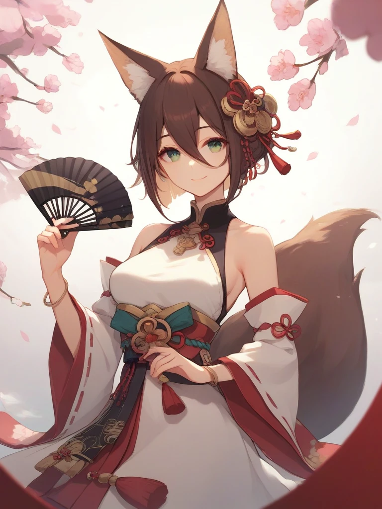 ultra-detailed,(best quality),((masterpiece)),(highres),original,extremely,tingyun, 1girl, animal ears, green eyes, hand fan, tail, solo, breasts, fox ears, brown hair, multicolored hair, looking at viewer, detached sleeves, holding, smile, jewelry, holding fan, hair between eyes, animal ear fluff, bare shoulders, short hair, fox tail, bracelet, dress