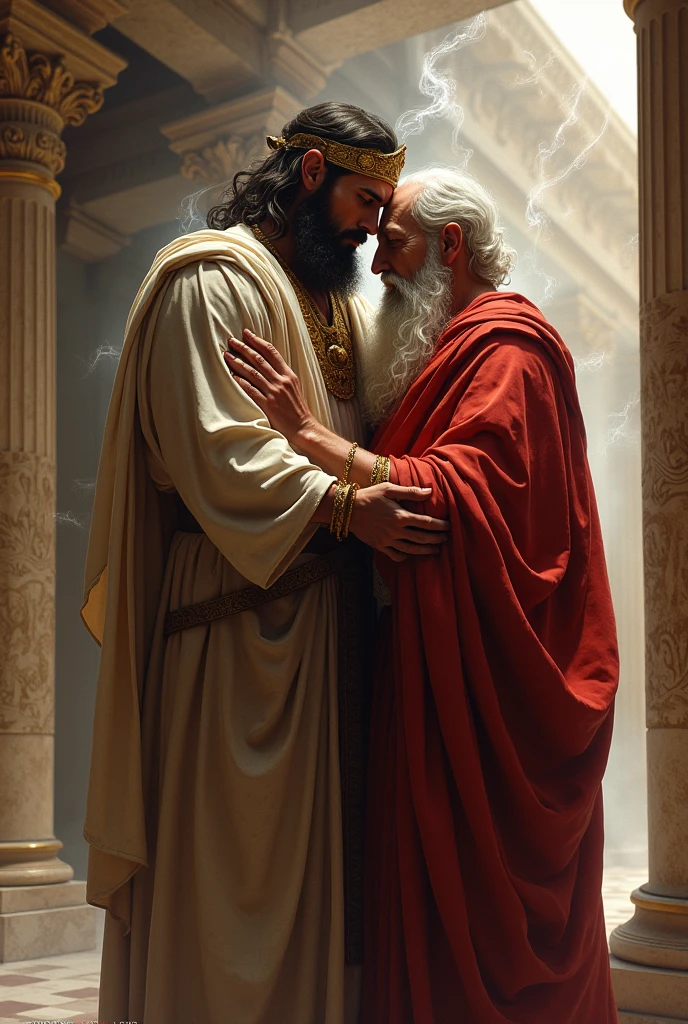 oil painting. Heaven, In heaven God the Father gives Jesus a hug, Above them is a white dove flying, A glow emanates from the dove and illuminates God the Father and Jesus.. This four represents the Catholic Trinity.