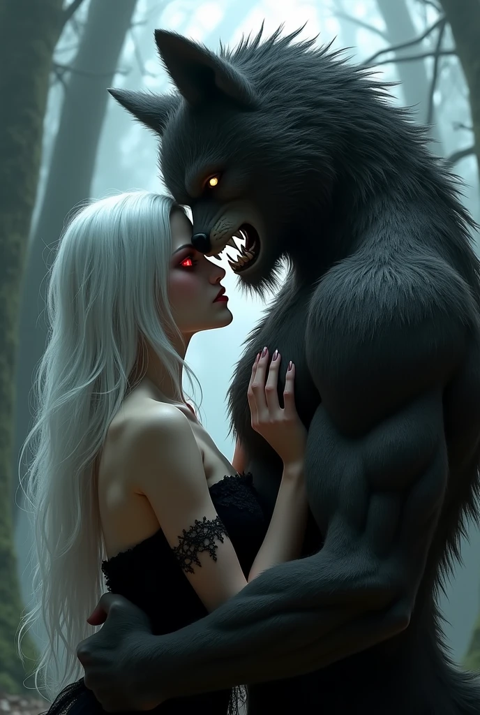 a wolfman with glowing red eyes, a terrifying grin, and sharp, claws, holding hands tightly with a scared woman, taking her to his dark and mysterious den. The wolfman's fur is dark and thick, with hints of grey, while the woman looks pale and frightened. The den is dimly lit, with eerie shadows dancing on the walls. The atmosphere is filled with a sense of suspense and danger. The image should have the best quality, with ultra-detailed features and a