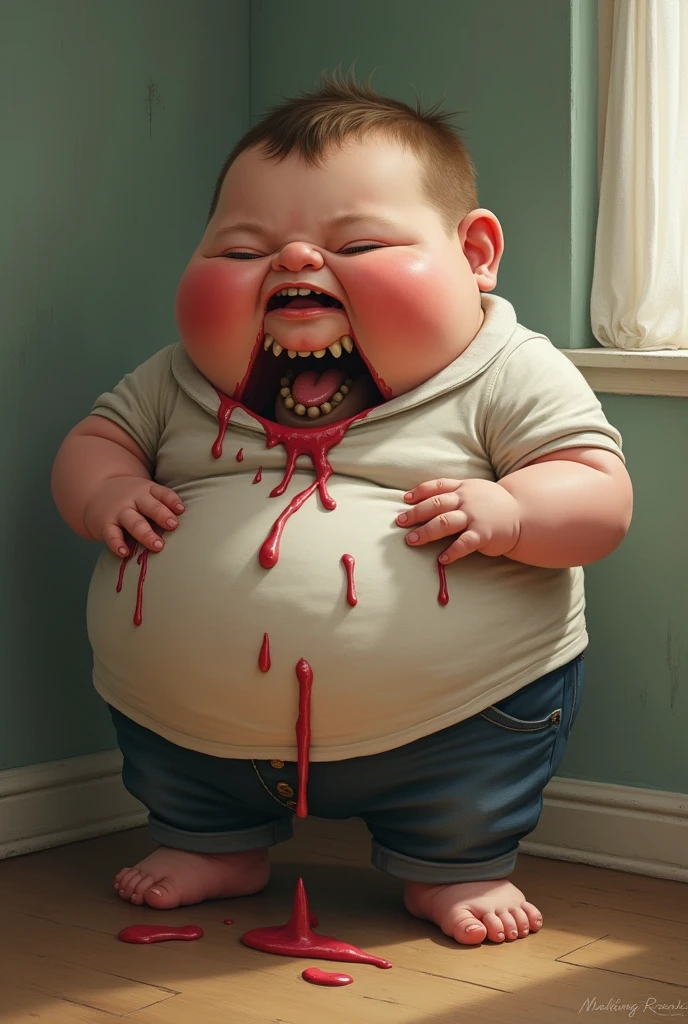 Baby costume, Japanese man, fat, 60 years old, big eyes, bulging eyes, nostrils pointing upwards, misaligned teeth, broken teeth, covered in blood, holding a knife