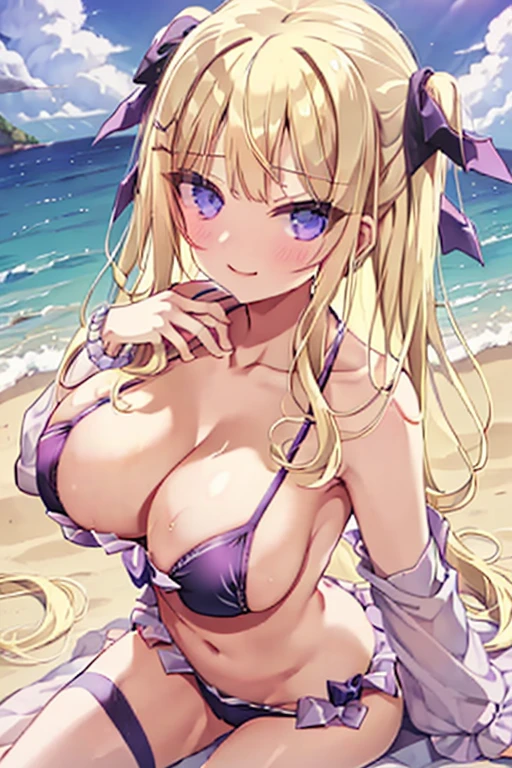 (masterpiece), best quality, expressive eyes, perfect face,1girl,lumine,big breasts,beach,mind control,hypnosis,hypnotized,empty eyes,heart-shaped pupils,sexually aroused,ahegao,wet,string bikini,looking at viewer,spoken heart,heart,eye symbol,phone