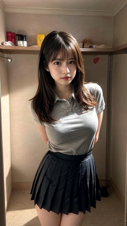 masterpiece, best quality, illustration, Super detailed, fine details, High resolution, 8K,wall paper, perfect dynamic composition,(Details High quality, realistic depiction of eyes:1.3), standing, (tight collared shirt:1.1), pleated skirt, short bob hair、black hair color, Big Natural Color Lip, bold sexy pose, crying a little、Harajuku style、acrobatic pose, 20 year old girl、cute type、ta、beautiful legs, hotel room, gravure idol, Voluptuous thighs, (saggy breasts), Don't expose it