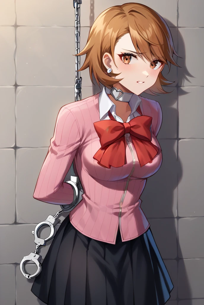 yukaridef, gekkoukan high school uniform, pink cardigan, red bow, long sleeves, black skirt, earrings, white choker, body,extremely detailed,high definition restrained,arrest,restrained,shackles,(((handcuffs, cuffs, upper body, handcuff, bound wrists))),masterpiece, best quality,yukari handcuffs behind her back,2 .escort in handcuffed.handcuffed behind back. Yukari,handcuffed,yukari handcuffed .arrested..handcuffs behind her back.yukari cuffed behind her back. Yukari handcuffed behind back. cuffed yukari behind her back. Yukari handcuffed behind her back