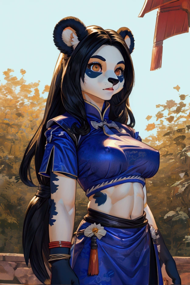 Female Fursona, sfw,  anthopormophic panda ,  hourglass body , white and blue skin , tonificado, height of 1,60 meters,  16-year-old body,  medium tits ,  traditional Chinese clothing, underboob