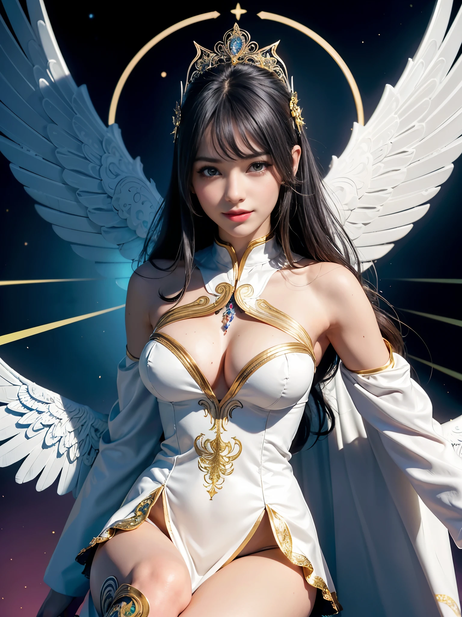 Cyborg, Girl, Beautiful girl, Cute, Sexy, Strong, Slender, Delicate, Smile, (Lolita costume), High legs, Metallic, ultra color, paisley, mandalas, Near future, Heaven, angel, feater, wing, Helix lamp, (The wings are symmetrically paired;1.5),
